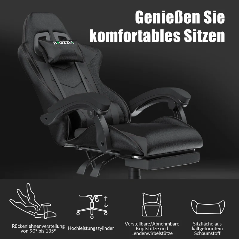 Ergonomischer Gaming-Stuhl, 135° Verstellbarer Drehstuhl mit Kopfstütze, Fußstütze und Lendenwirbelstütze, Bürostuhl aus PU-Leder