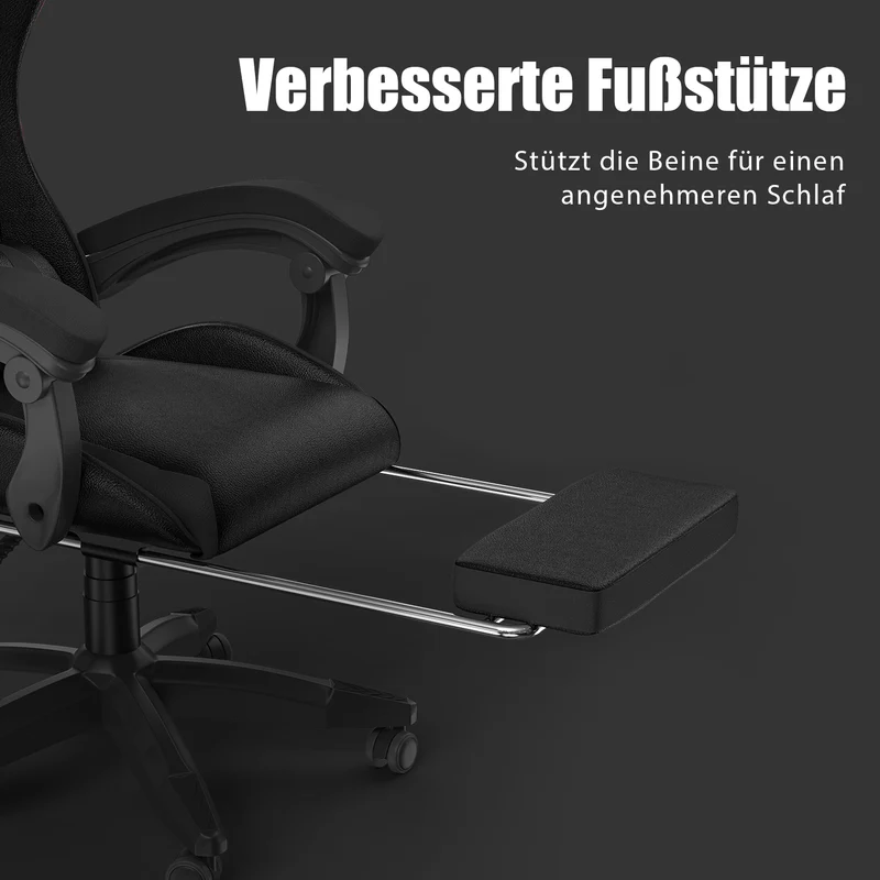 Ergonomischer Gaming-Stuhl, 135° Verstellbarer Drehstuhl mit Kopfstütze, Fußstütze und Lendenwirbelstütze, Bürostuhl aus PU-Leder