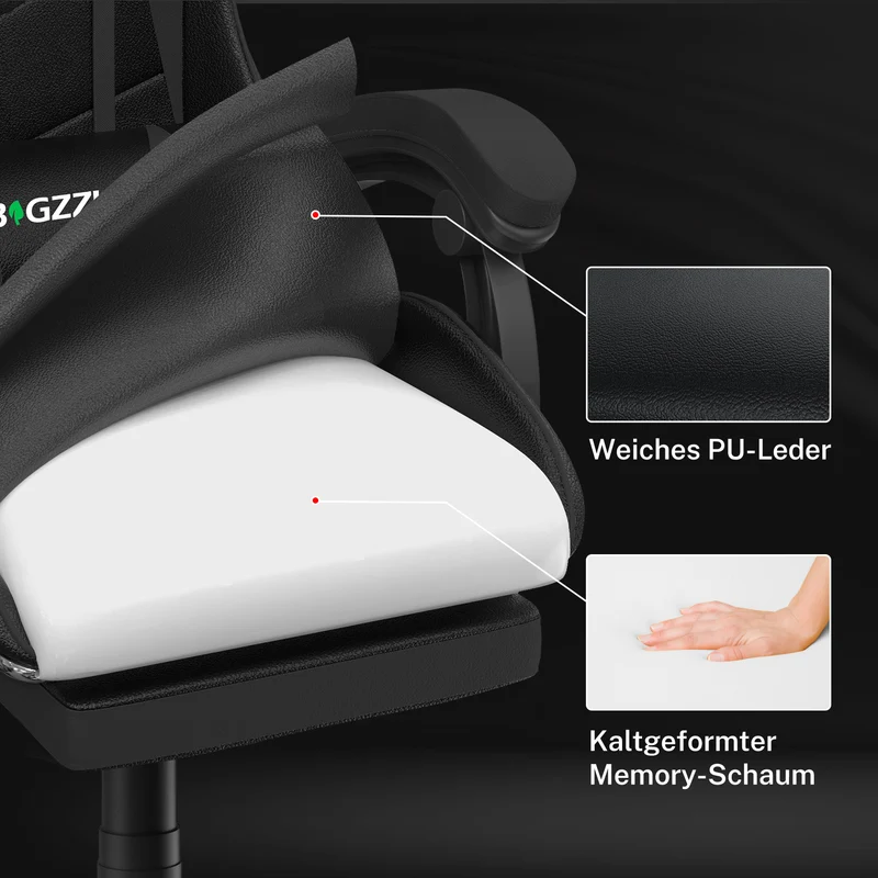 Ergonomischer Gaming-Stuhl, 135° Verstellbarer Drehstuhl mit Kopfstütze, Fußstütze und Lendenwirbelstütze, Bürostuhl aus PU-Leder