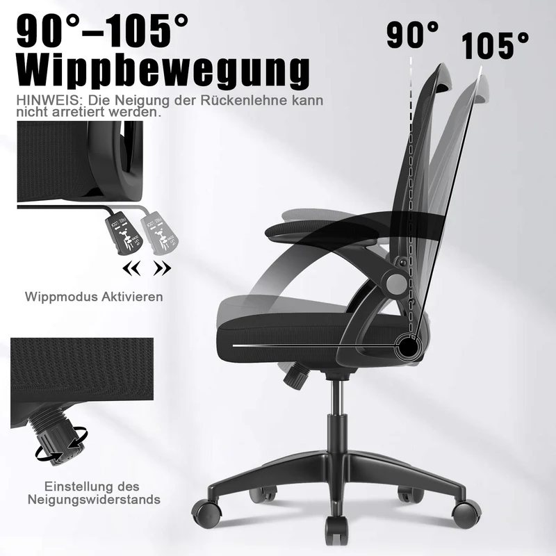Bürostuhl Ergonomischer Schreibtischstuhl mit 90° Hochklappbarer Armlehne, Höhenverstellbarer Bürostuhl