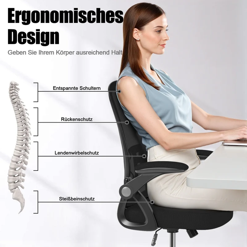 Bürostuhl Ergonomischer Schreibtischstuhl mit 90° Hochklappbarer Armlehne, Höhenverstellbarer Bürostuhl