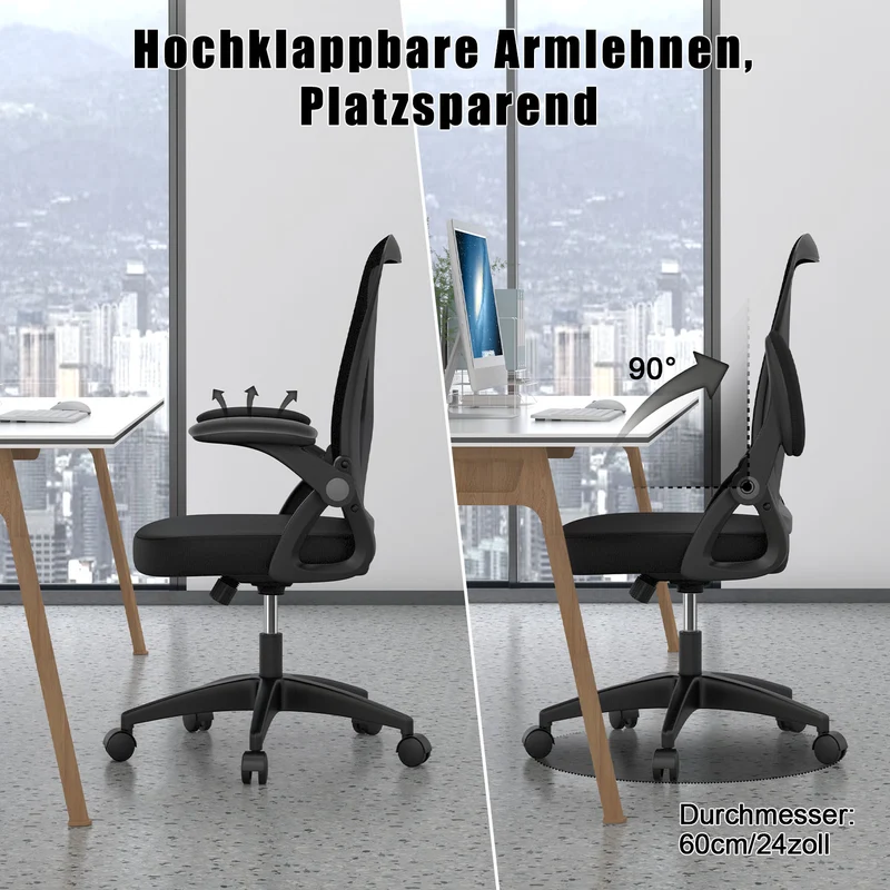 Bürostuhl Ergonomischer Schreibtischstuhl mit 90° Hochklappbarer Armlehne, Höhenverstellbarer Bürostuhl