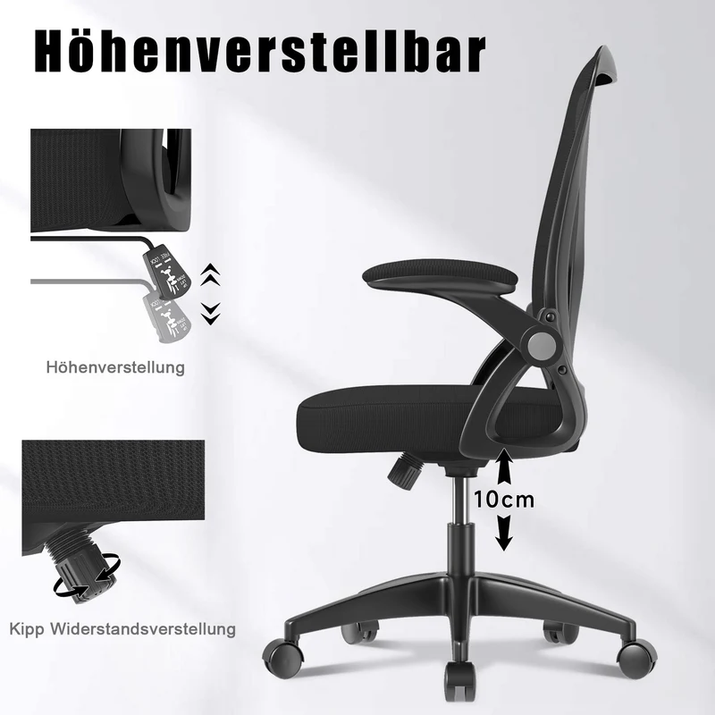 Bürostuhl Ergonomischer Schreibtischstuhl mit 90° Hochklappbarer Armlehne, Höhenverstellbarer Bürostuhl