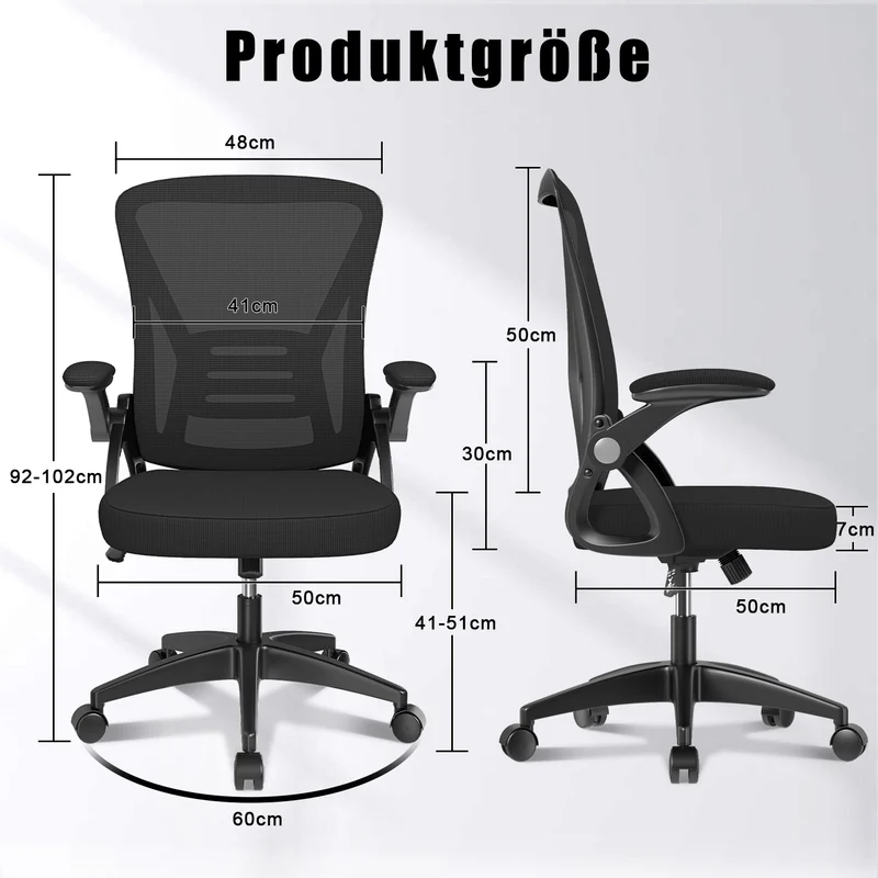 Bürostuhl Ergonomischer Schreibtischstuhl mit 90° Hochklappbarer Armlehne, Höhenverstellbarer Bürostuhl
