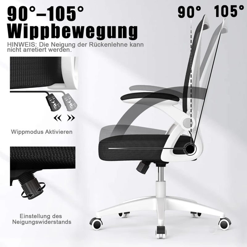 Bürostuhl Ergonomischer Schreibtischstuhl mit 90° Hochklappbarer Armlehne, Höhenverstellbarer Bürostuhl