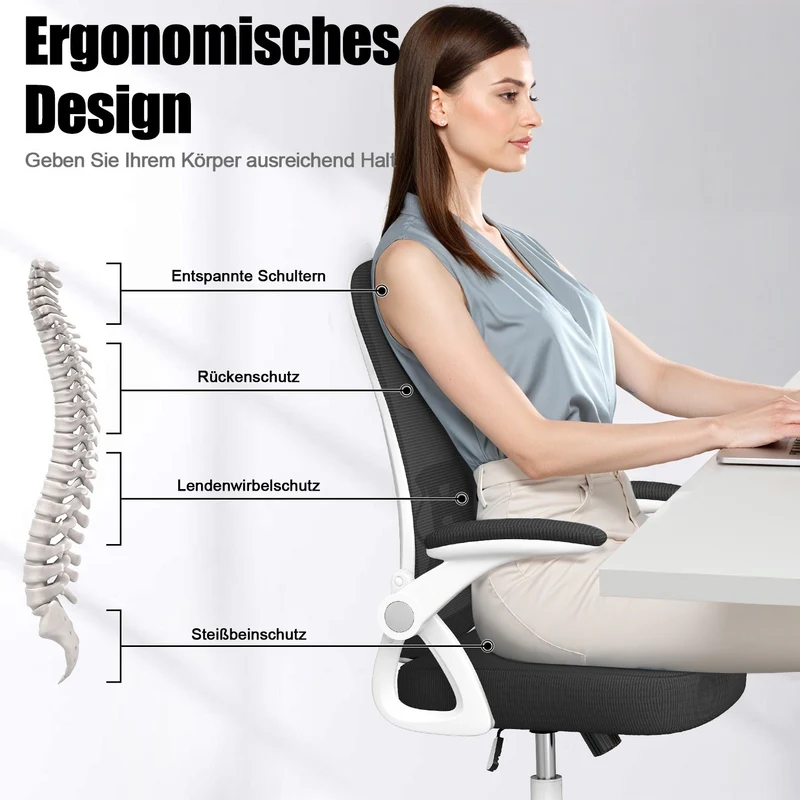 Bürostuhl Ergonomischer Schreibtischstuhl mit 90° Hochklappbarer Armlehne, Höhenverstellbarer Bürostuhl