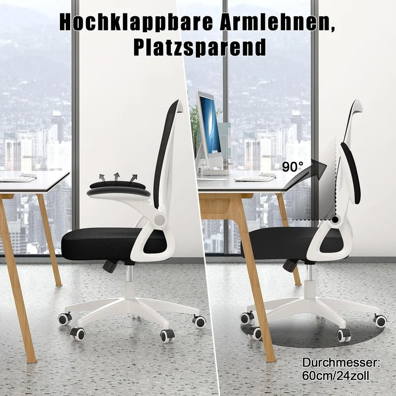 Bürostuhl Ergonomischer Schreibtischstuhl mit 90° Hochklappbarer Armlehne, Höhenverstellbarer Bürostuhl