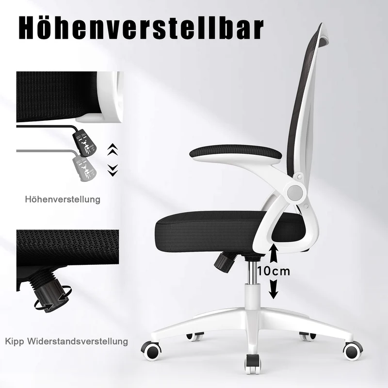 Bürostuhl Ergonomischer Schreibtischstuhl mit 90° Hochklappbarer Armlehne, Höhenverstellbarer Bürostuhl