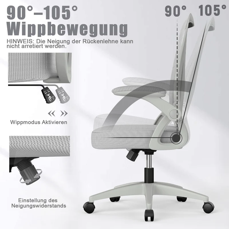 Bürostuhl Ergonomischer Schreibtischstuhl mit 90° Hochklappbarer Armlehne, Höhenverstellbarer Bürostuhl