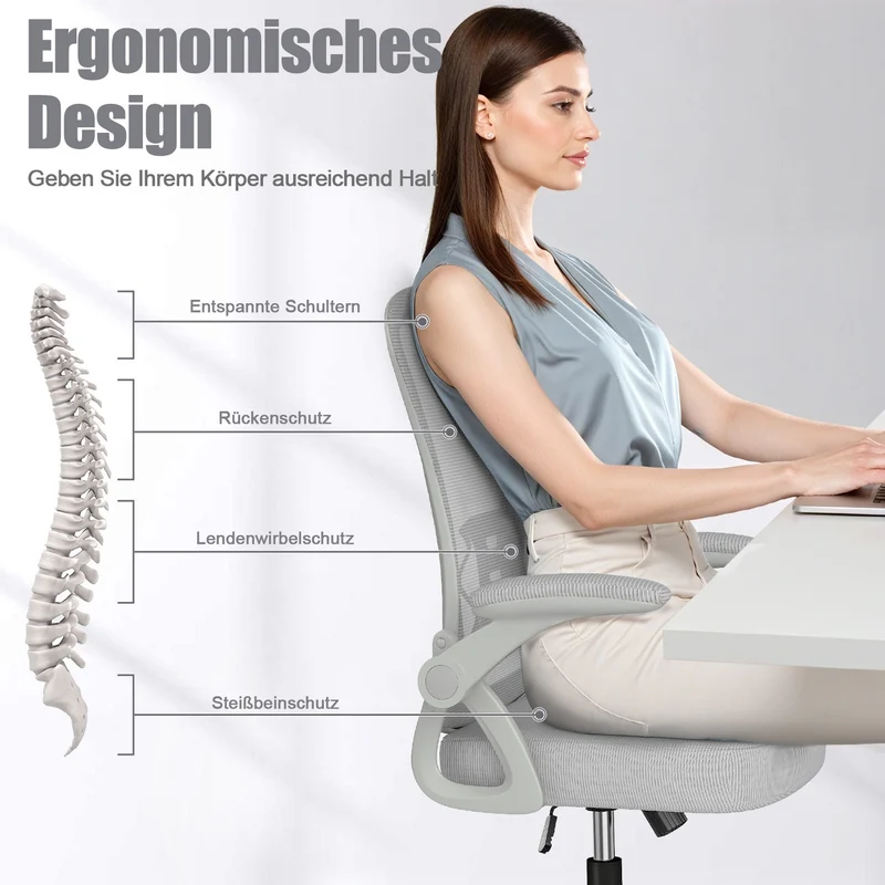 Bürostuhl Ergonomischer Schreibtischstuhl mit 90° Hochklappbarer Armlehne, Höhenverstellbarer Bürostuhl