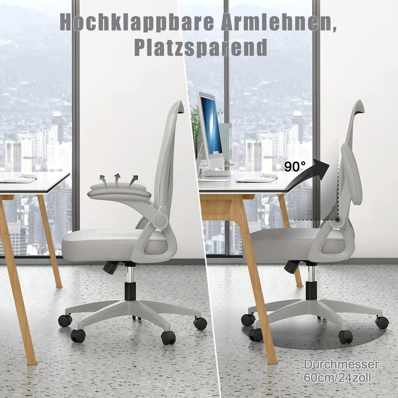 Bürostuhl Ergonomischer Schreibtischstuhl mit 90° Hochklappbarer Armlehne, Höhenverstellbarer Bürostuhl