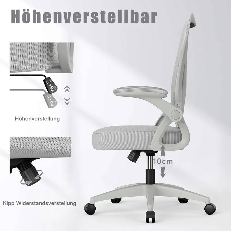 Bürostuhl Ergonomischer Schreibtischstuhl mit 90° Hochklappbarer Armlehne, Höhenverstellbarer Bürostuhl