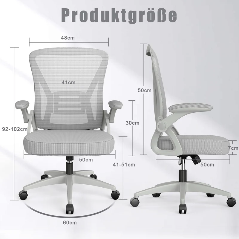 Bürostuhl Ergonomischer Schreibtischstuhl mit 90° Hochklappbarer Armlehne, Höhenverstellbarer Bürostuhl