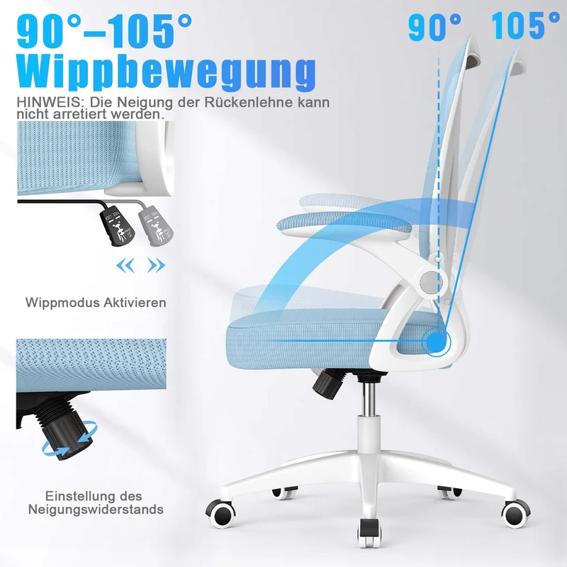 Bürostuhl Ergonomischer Schreibtischstuhl mit 90° Hochklappbarer Armlehne, Höhenverstellbarer Bürostuhl