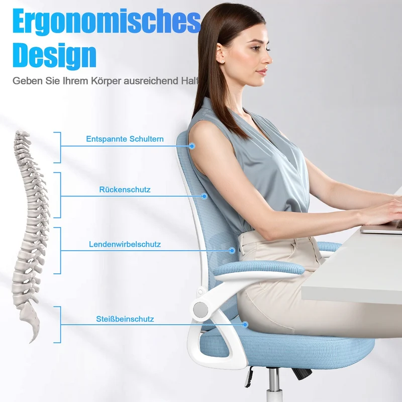 Bürostuhl Ergonomischer Schreibtischstuhl mit 90° Hochklappbarer Armlehne, Höhenverstellbarer Bürostuhl