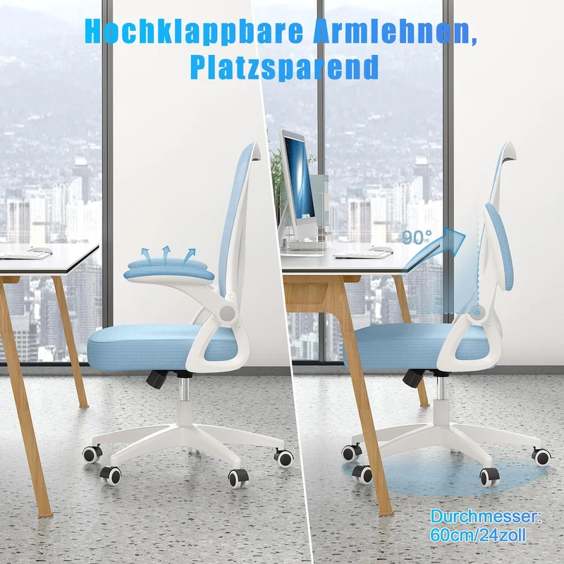 Bürostuhl Ergonomischer Schreibtischstuhl mit 90° Hochklappbarer Armlehne, Höhenverstellbarer Bürostuhl
