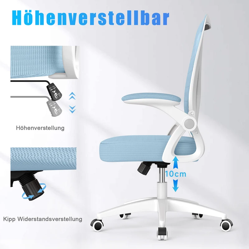 Bürostuhl Ergonomischer Schreibtischstuhl mit 90° Hochklappbarer Armlehne, Höhenverstellbarer Bürostuhl