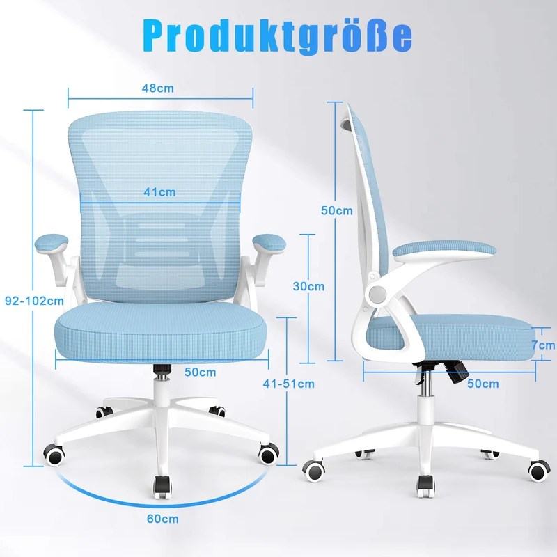 Bürostuhl Ergonomischer Schreibtischstuhl mit 90° Hochklappbarer Armlehne, Höhenverstellbarer Bürostuhl