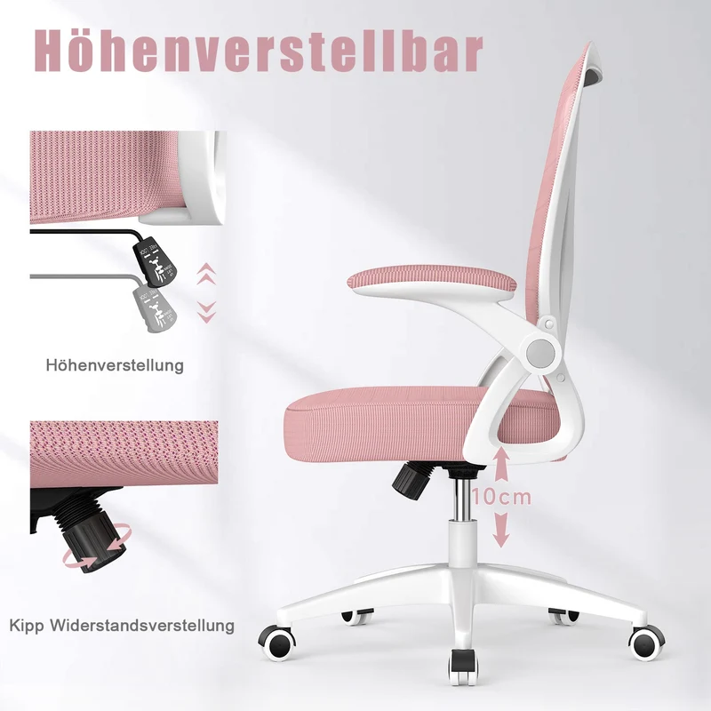 Bürostuhl Ergonomischer Schreibtischstuhl mit 90° Hochklappbarer Armlehne, Höhenverstellbarer Bürostuhl