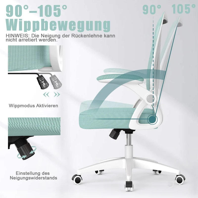 Bürostuhl Ergonomischer Schreibtischstuhl mit 90° Hochklappbarer Armlehne, Höhenverstellbarer Bürostuhl