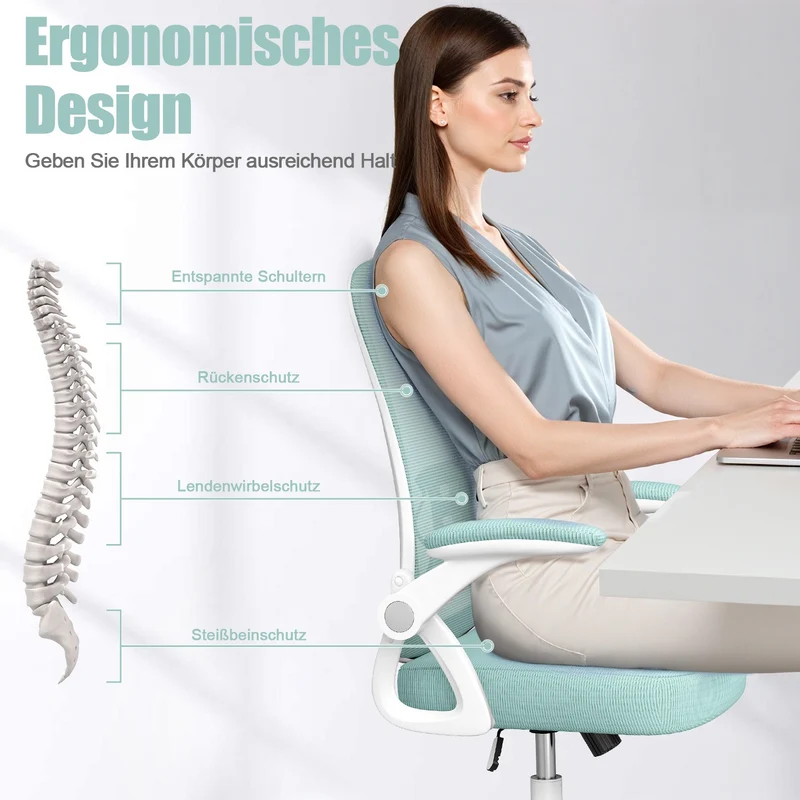 Bürostuhl Ergonomischer Schreibtischstuhl mit 90° Hochklappbarer Armlehne, Höhenverstellbarer Bürostuhl