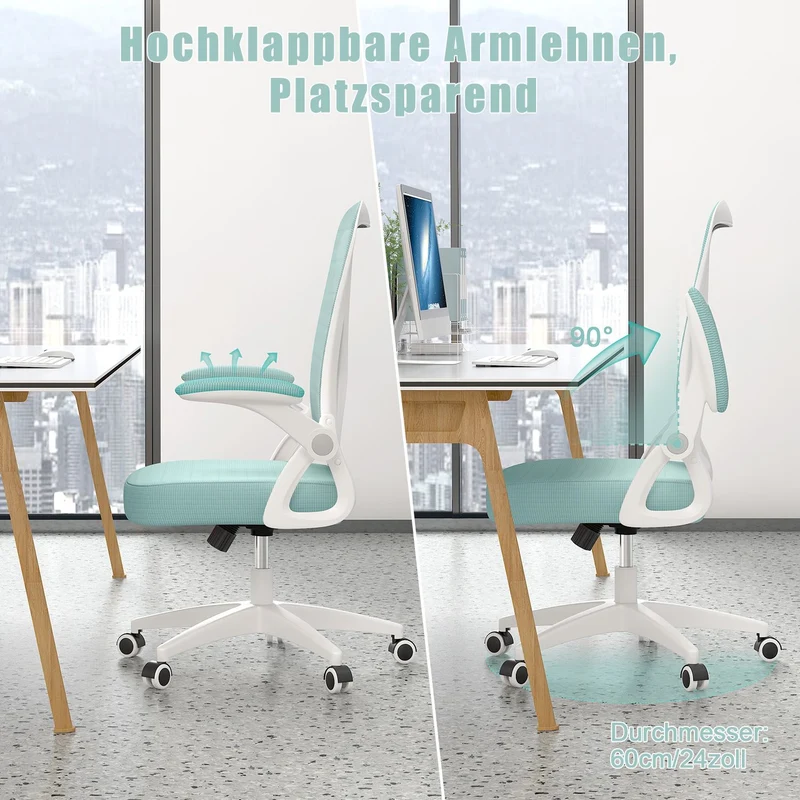 Bürostuhl Ergonomischer Schreibtischstuhl mit 90° Hochklappbarer Armlehne, Höhenverstellbarer Bürostuhl