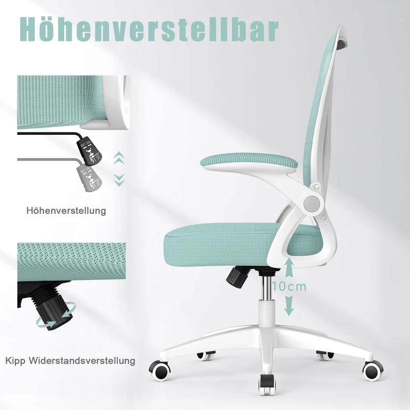 Bürostuhl Ergonomischer Schreibtischstuhl mit 90° Hochklappbarer Armlehne, Höhenverstellbarer Bürostuhl