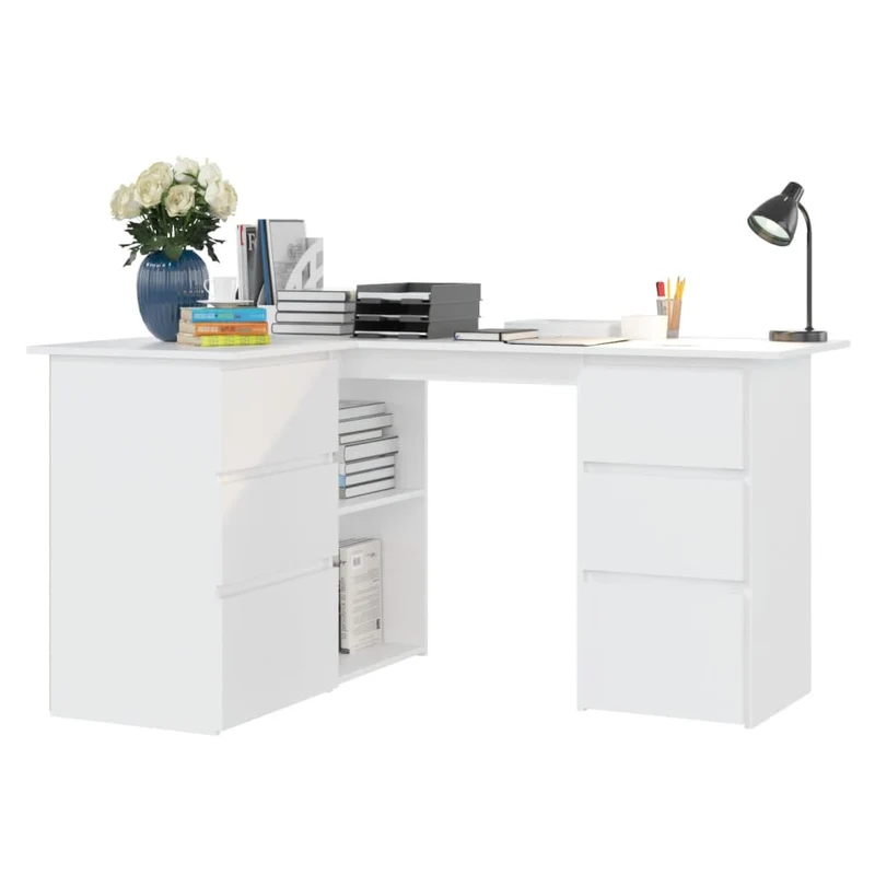 vidaXL – Eckschreibtisch mit 4 Schubladen und 4 Einlegeböden, 145 × 100 × 76 cm, Holzwerkstoff, Weiß