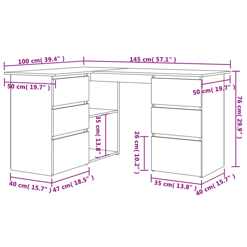 vidaXL – Eckschreibtisch mit 4 Schubladen und 4 Einlegeböden, 145 × 100 × 76 cm, Holzwerkstoff, Weiß