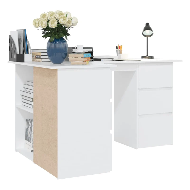 vidaXL – Eckschreibtisch mit 4 Schubladen und 4 Einlegeböden, 145 × 100 × 76 cm, Holzwerkstoff, Weiß