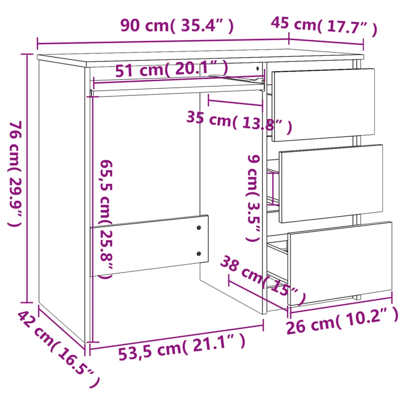 vidaXL – Schmaler Schreibtisch mit 3 Schubladen, 90 × 45 × 76 cm, Holzwerkstoff, Sonoma-Eiche