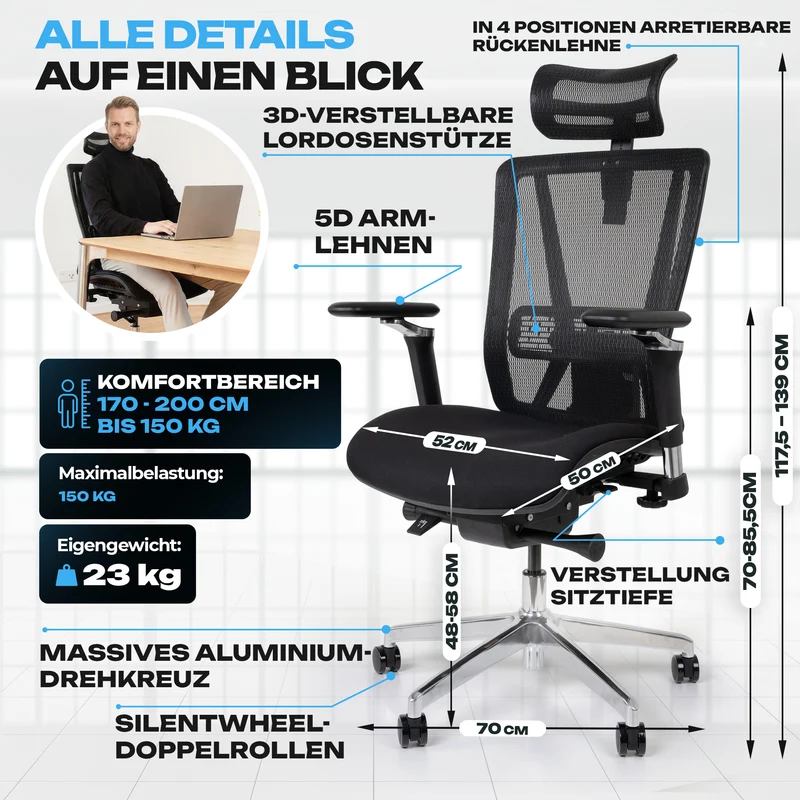 VALKENSTOL M8 - Premium ergonomischer Bürostuhl für große Nutzer bis 2,00 m