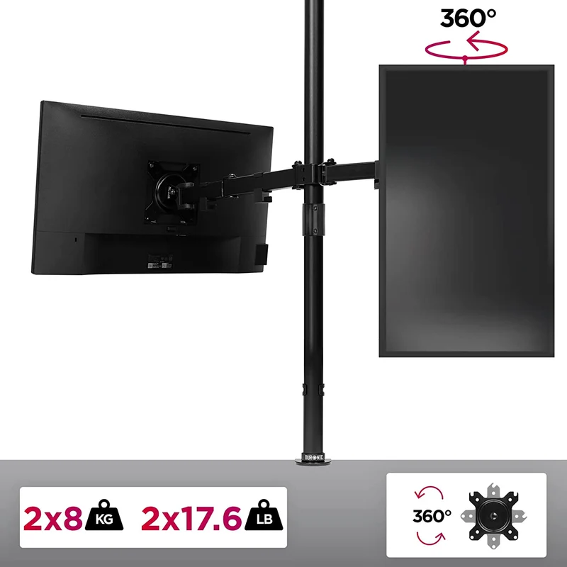 Duronic DMT152 Monitorarm | Monitorständer für 2 Monitore bis 27 Zoll | VESA 75/100 | Belastbarkeit 8kg | Höhenverstellbar | Neigbar -90° bis +35° | Drehbar 360° | Monitorhalterung aus Stahl
