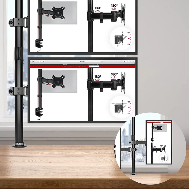 Duronic DMT152VX1 Monitorarm | Vertikale Monitor Halterung 2 Bildschirme bis 27" Zoll | 100 cm Stange | LCD LED Display bis 8 kg | Neigbar -90° bis +35° | Drehbar 360° | Monitorhalterung Arm