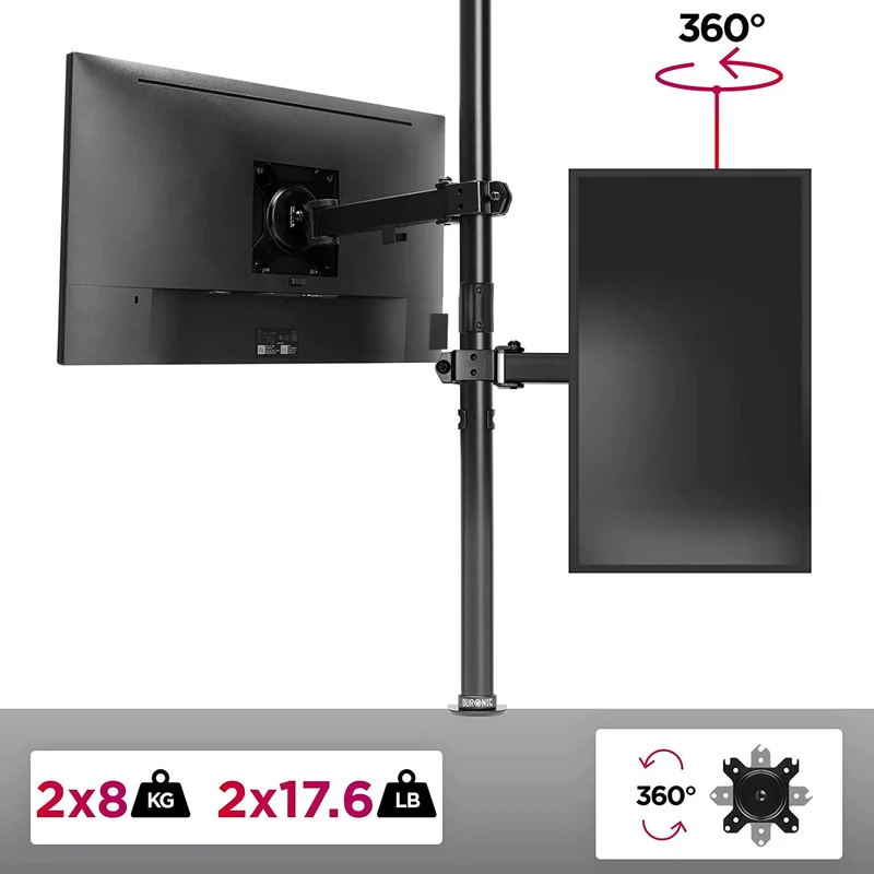 Duronic DMT152VX1 Monitorarm | Vertikale Monitor Halterung 2 Bildschirme bis 27" Zoll | 100 cm Stange | LCD LED Display bis 8 kg | Neigbar -90° bis +35° | Drehbar 360° | Monitorhalterung Arm