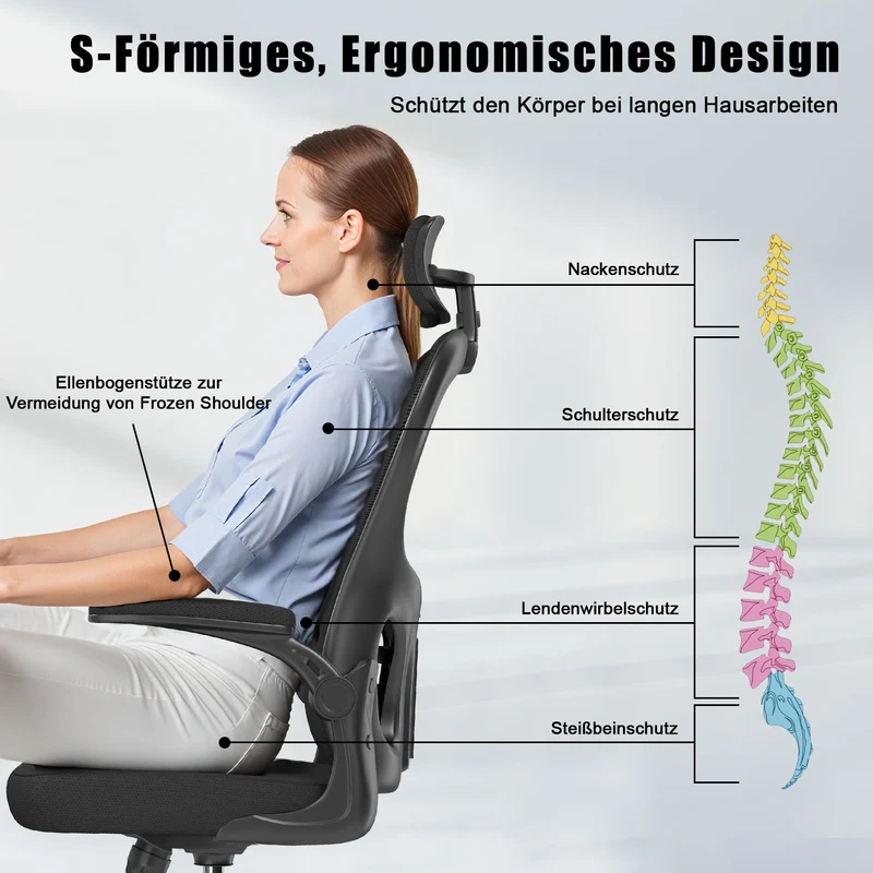 Bürostuhl Ergonomischer Schreibtischstuhl, Drehstuhl mit Verstellbarer Lordosenstütze, Kopfstütze und Armlehne, Rückenschonend, Bis 150kg