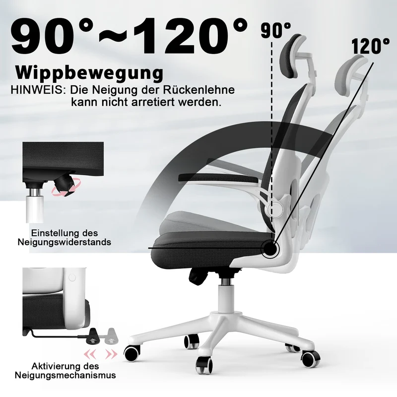 Bürostuhl Ergonomischer Schreibtischstuhl, Drehstuhl mit Verstellbarer Lordosenstütze, Kopfstütze und Armlehne, Rückenschonend, Bis 150kg