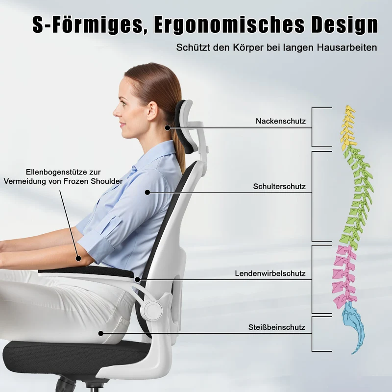 Bürostuhl Ergonomischer Schreibtischstuhl, Drehstuhl mit Verstellbarer Lordosenstütze, Kopfstütze und Armlehne, Rückenschonend, Bis 150kg
