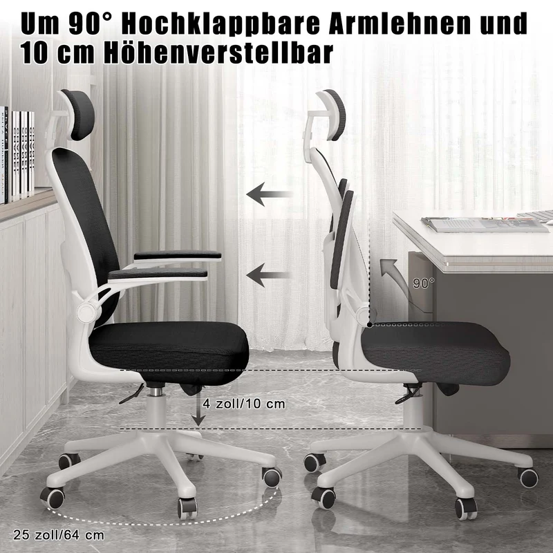 Bürostuhl Ergonomischer Schreibtischstuhl, Drehstuhl mit Verstellbarer Lordosenstütze, Kopfstütze und Armlehne, Rückenschonend, Bis 150kg