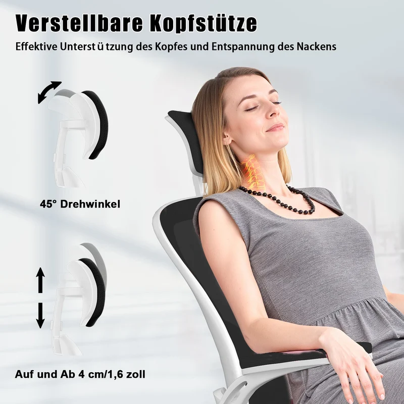 Bürostuhl Ergonomischer Schreibtischstuhl, Drehstuhl mit Verstellbarer Lordosenstütze, Kopfstütze und Armlehne, Rückenschonend, Bis 150kg
