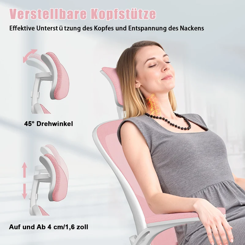 Bürostuhl Ergonomischer Schreibtischstuhl, Drehstuhl mit Verstellbarer Lordosenstütze, Kopfstütze und Armlehne, Rückenschonend, Bis 150kg