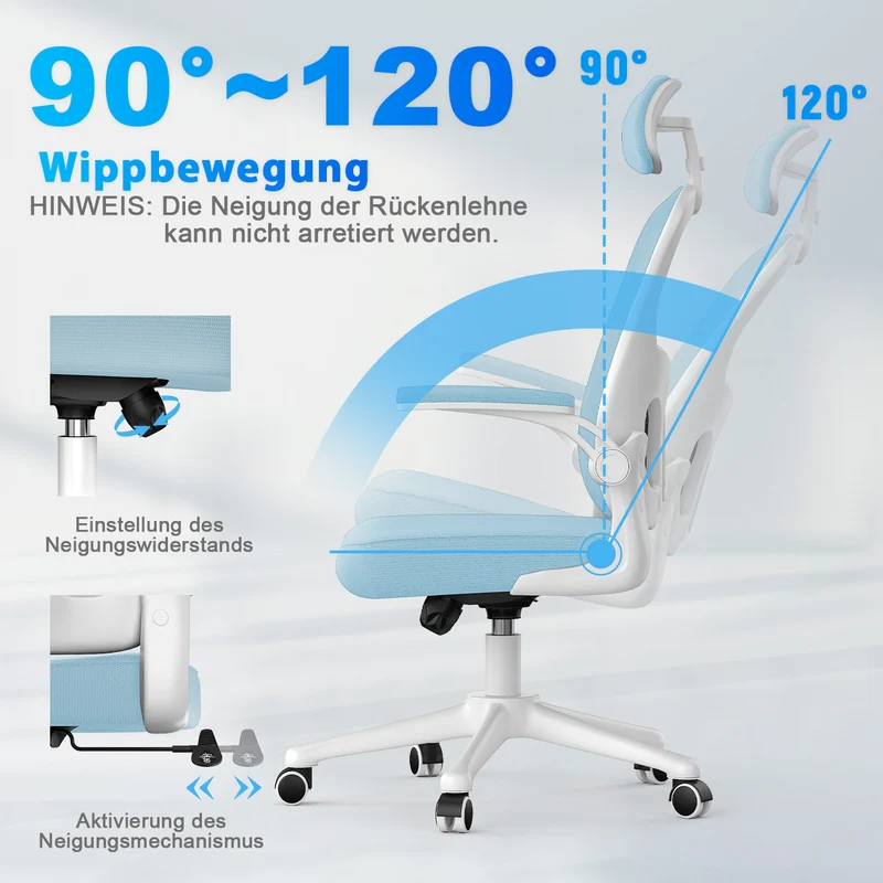 Bürostuhl Ergonomischer Schreibtischstuhl, Drehstuhl mit Verstellbarer Lordosenstütze, Kopfstütze und Armlehne, Rückenschonend, Bis 150kg