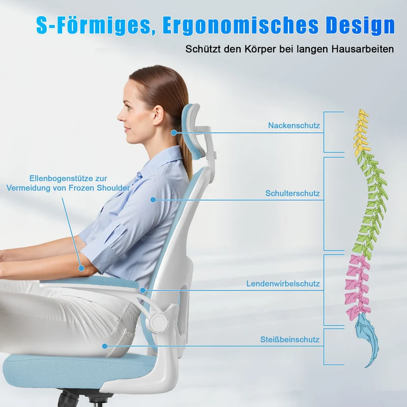Bürostuhl Ergonomischer Schreibtischstuhl, Drehstuhl mit Verstellbarer Lordosenstütze, Kopfstütze und Armlehne, Rückenschonend, Bis 150kg