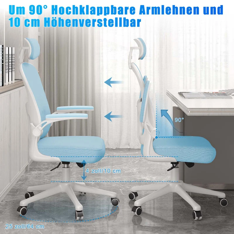 Bürostuhl Ergonomischer Schreibtischstuhl, Drehstuhl mit Verstellbarer Lordosenstütze, Kopfstütze und Armlehne, Rückenschonend, Bis 150kg