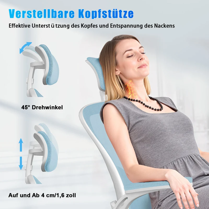 Bürostuhl Ergonomischer Schreibtischstuhl, Drehstuhl mit Verstellbarer Lordosenstütze, Kopfstütze und Armlehne, Rückenschonend, Bis 150kg