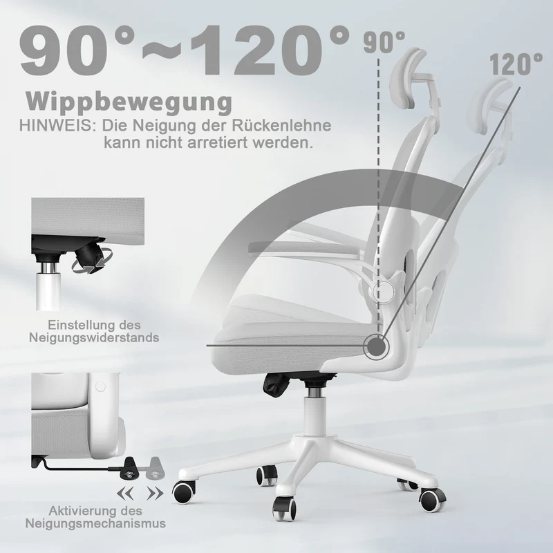 Bürostuhl Ergonomischer Schreibtischstuhl, Drehstuhl mit Verstellbarer Lordosenstütze, Kopfstütze und Armlehne, Rückenschonend, Bis 150kg