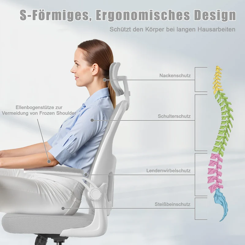 Bürostuhl Ergonomischer Schreibtischstuhl, Drehstuhl mit Verstellbarer Lordosenstütze, Kopfstütze und Armlehne, Rückenschonend, Bis 150kg