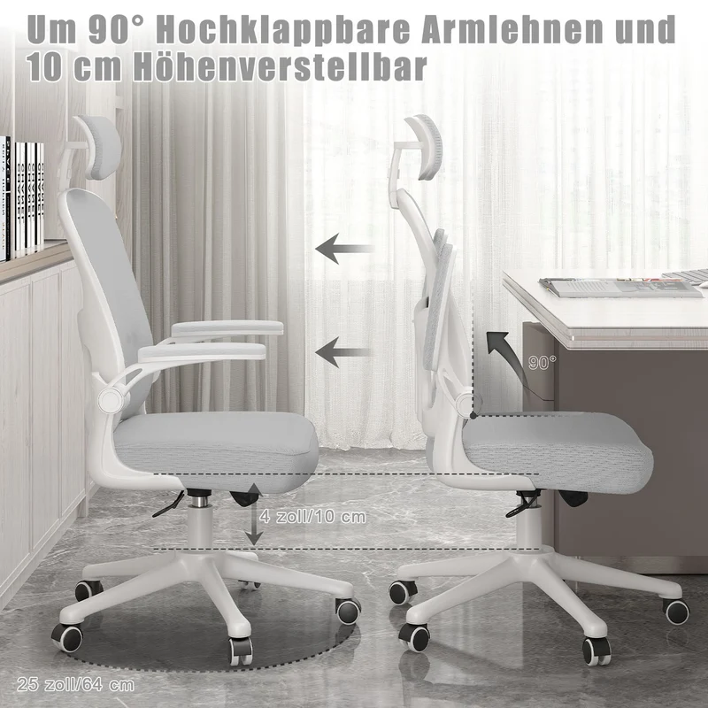 Bürostuhl Ergonomischer Schreibtischstuhl, Drehstuhl mit Verstellbarer Lordosenstütze, Kopfstütze und Armlehne, Rückenschonend, Bis 150kg