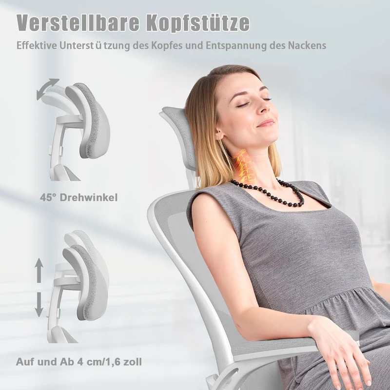 Bürostuhl Ergonomischer Schreibtischstuhl, Drehstuhl mit Verstellbarer Lordosenstütze, Kopfstütze und Armlehne, Rückenschonend, Bis 150kg