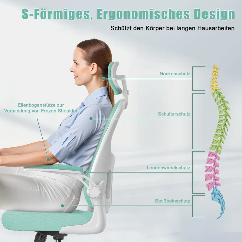 Bürostuhl Ergonomischer Schreibtischstuhl, Drehstuhl mit Verstellbarer Lordosenstütze, Kopfstütze und Armlehne, Rückenschonend, Bis 150kg
